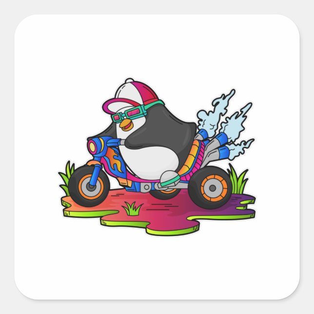 Adesivo Quadrado Pinguim como Biker com motocicleta (Frente)