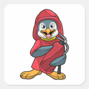 Adesivo Quadrado Pinguim como Bombeiro com extintor de incêndio