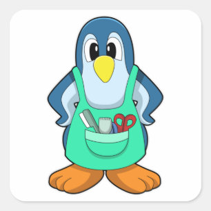 Adesivo Quadrado Pinguim como cabeleireiro com tesoura & Razor
