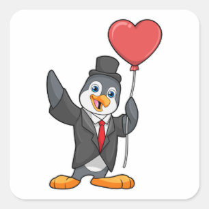 Adesivo Quadrado Pinguim como Groom com Heart Ballon