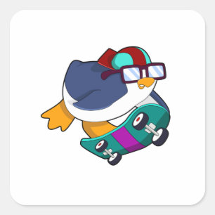Adesivo Quadrado Pinguim como Patinador com skate