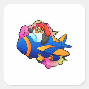 Adesivo Quadrado Pinguim como piloto com avião