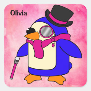 Adesivo Quadrado Pinguim-de-cartoon bonito, cor-de-rosa