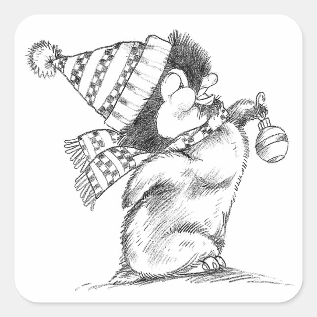 Adesivo Quadrado Pinguim de Natal Bonito com Chapéu e Scarf (Frente)