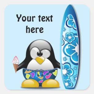 Adesivo Quadrado Pinguim do surfista com sorvete