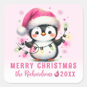 Adesivo Quadrado Pinguim Feliz de Natal com Luzes Rosa