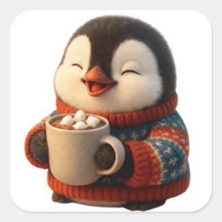 Adesivo Quadrado Pinguim Feliz Fofo com Suéter e Cacau Quente