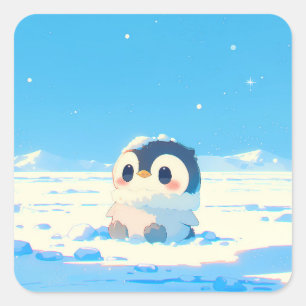 Adesivo Quadrado Pinguim Filhote Fofo em Paisagem Ártica Estrelada