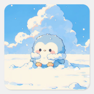 Adesivo Quadrado Pinguim Fofo Brincando na Neve de Inverno