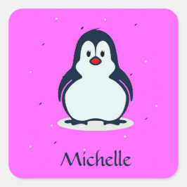 Adesivo Quadrado Pinguim fofo de nome personalizado a rosa