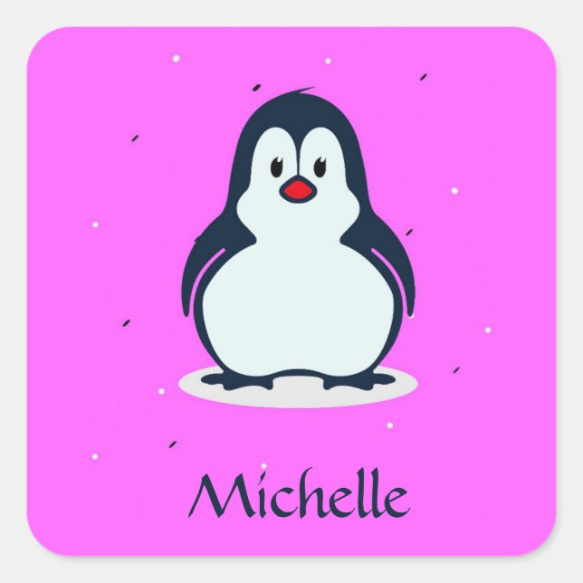 Adesivo Quadrado Pinguim fofo de nome personalizado a rosa (Frente)