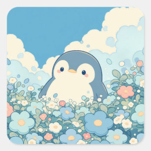 Adesivo Quadrado Pinguim Fofo no Prado de Flores Azuis