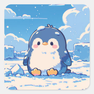 Adesivo Quadrado Pinguim Fofo Sentado na Neve de Inverno
