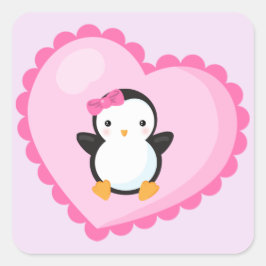 Adesivo Quadrado Pinguim Garota Bonita no Coração das Grandes Rosas