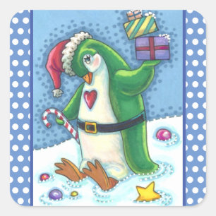 ADESIVO QUADRADO PINGUIM NATAL CUTO VESTIDO EM VERDE, FERIADO