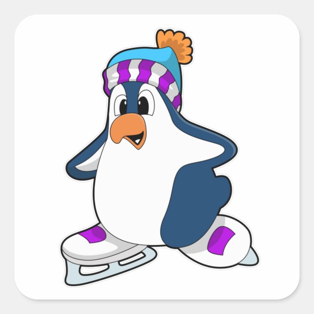 Adesivo Quadrado Pinguim no patinagem de gelo com skates de gelo (Frente)