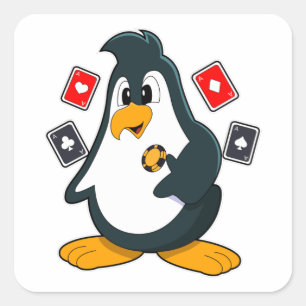 Adesivo Quadrado Pinguim no Poker com cartões Poker