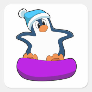 Adesivo Quadrado Pinguim no Snowboard com Snowboard