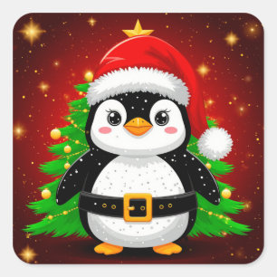 Adesivo Quadrado 🎄🎅️ Pinguim Papai Noel Árvore de Natal Diversão