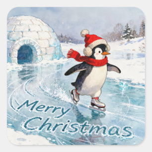 Adesivo Quadrado Pinguim Patinando no Gelo Natal Feliz