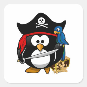 Adesivo Quadrado Pinguim Pirata Bonito com Treasure Chest