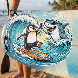 Adesivo Quadrado Pinguim Surfista e Tubarão Cumprimentam-se com um