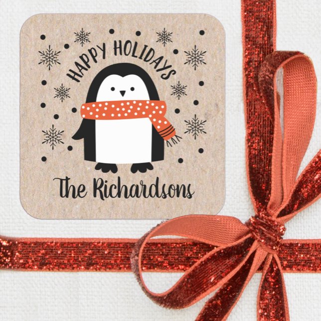 Adesivo Quadrado Pinguins de Natal bonitos Pinguins de inverno (A cute Christmas Penguin sticker. Fun for decorating Christmas gifts.)