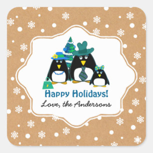 Adesivo Quadrado Pinguins de Natal Personalizados da Família Pengu