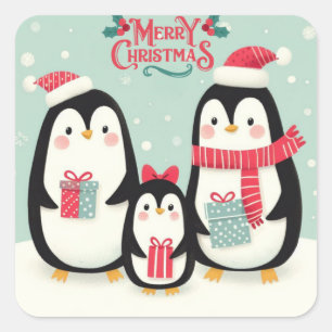 Adesivo Quadrado Pinguins de neve de Natal feliz