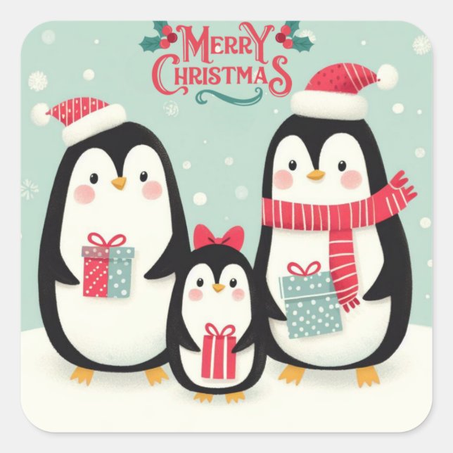 Adesivo Quadrado Pinguins de neve de Natal feliz (Frente)