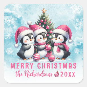 Adesivo Quadrado Pinguins Divertidos Azuis e Rosa Felizes Natal