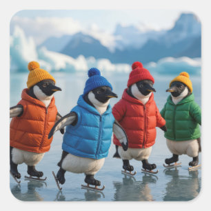 Adesivo Quadrado Pinguins Patinando No Gelo Em Um Lago Ártico