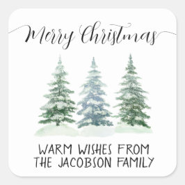 Adesivo Quadrado Pinheiros com Aquarela Simples Feliz Natal