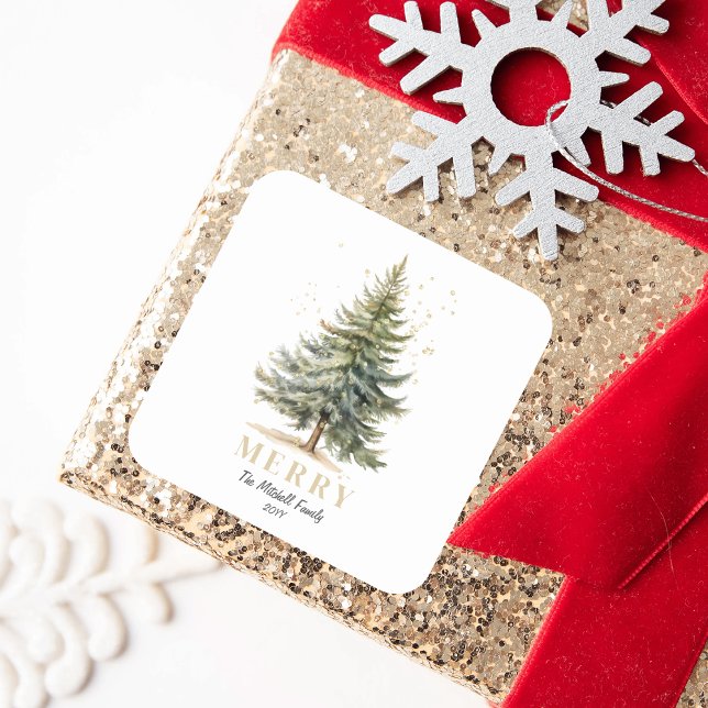 Adesivo Quadrado Pinho de Árvore de Natal Elegante feliz (Criador carregado)