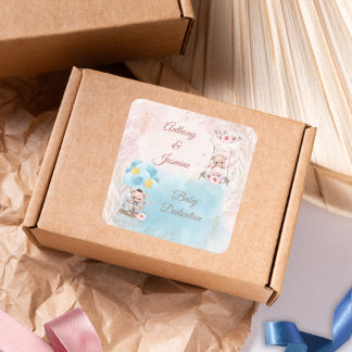 Adesivo Quadrado Pink and Blue Twin Teddy Bears on Swing with Cross