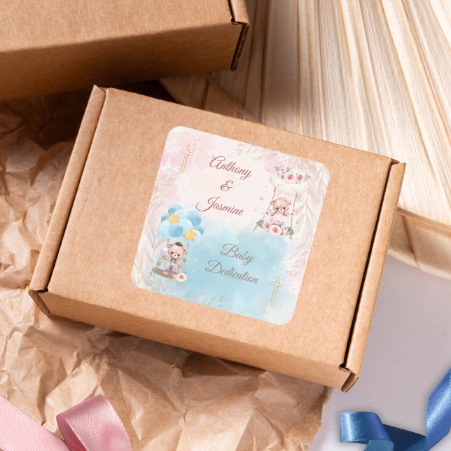 Adesivo Quadrado Pink and Blue Twin Teddy Bears on Swing with Cross (Criador carregado)