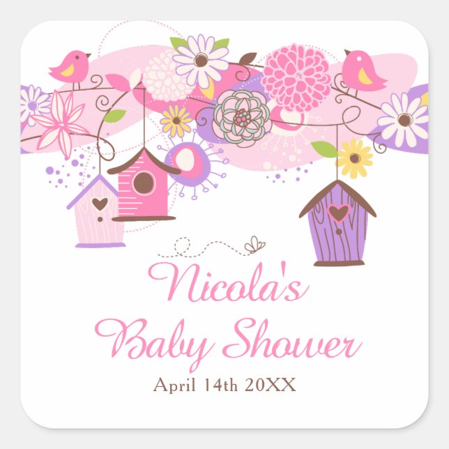 Adesivo Quadrado Pink and Purple Floral Bird Cages Baby Shower (Frente)