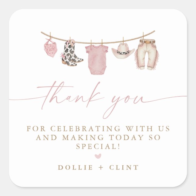 Adesivo Quadrado Pink Baby Clothesline Little Cowgirl Baby Shower (Frente)