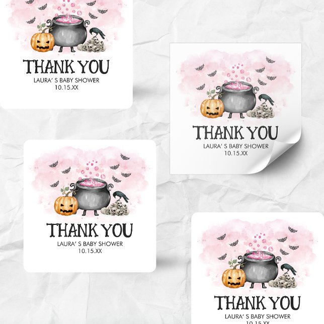 Adesivo Quadrado Pink Baby is Brewing Halloween Baby Shower (Pink Baby is Brewing Halloween Baby Shower Square Sticker)
