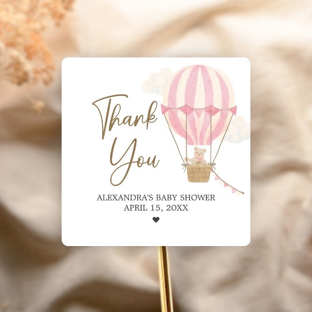 Adesivo Quadrado Pink Boho Bear Baby Shower  (Oh Baby Bear Baby Shower Sticker)