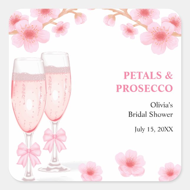 Adesivo Quadrado Pink Bow Floral Petals and Prosecco Bridal Shower  (Frente)