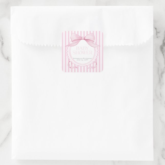 Adesivo Quadrado Pink Bow Girl Coquette Striped Baby Shower  (Bolsa)