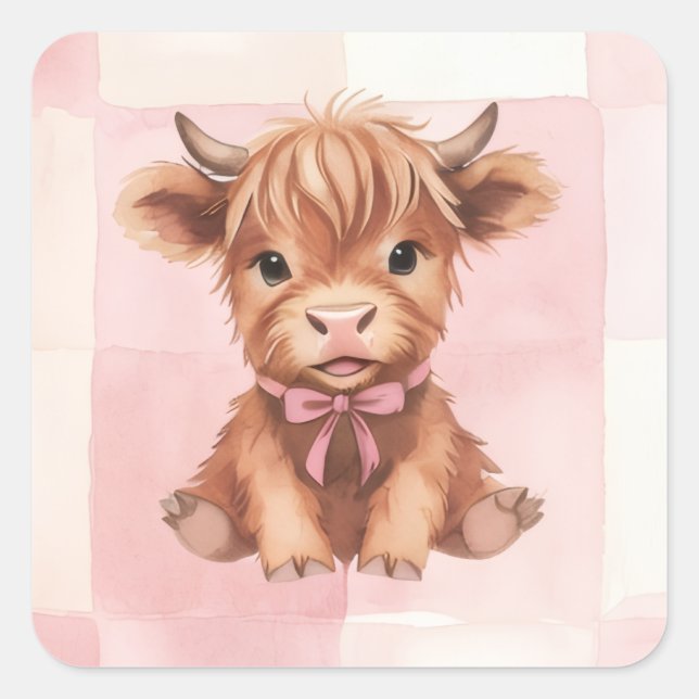 Adesivo Quadrado Pink Checkered Highland Cow Cute Gift Wrap (Frente)