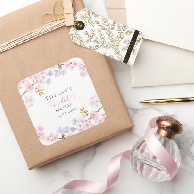 Adesivo Quadrado Pink Cherry Blossom in Bloom Garden Bridal Shower (Presentear)