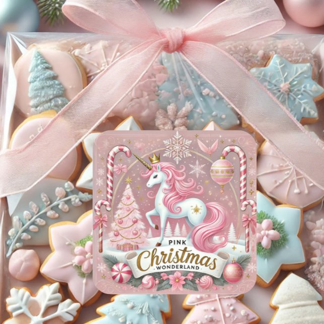 Adesivo Quadrado Pink Christmas Wonderland Unicorn (Criador carregado)
