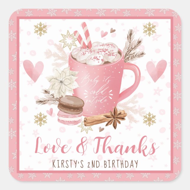 Adesivo Quadrado Pink Cookies & Cocoa Birthday Party Favor (Frente)