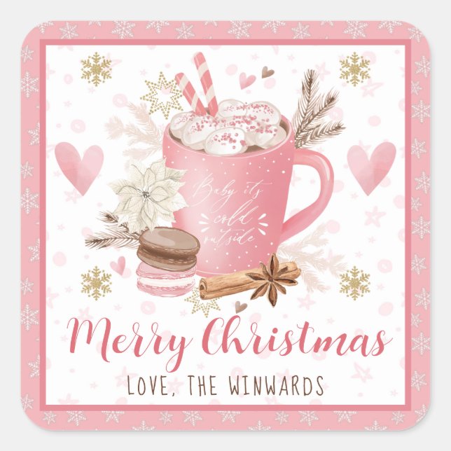 Adesivo Quadrado Pink Cookies & Cocoa Merry Christmas (Frente)