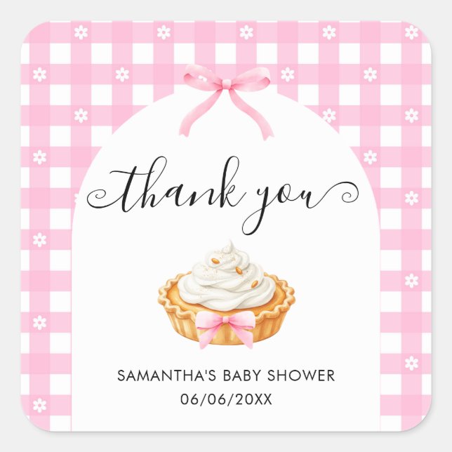 Adesivo Quadrado Pink Coquette Pumpkin Pie Baby Shower Thank You (Frente)