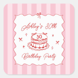 Adesivo Quadrado Pink Coquette Striped Vintage Hand Drawn Birthday