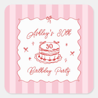Adesivo Quadrado Pink Coquette Striped Vintage Hand Drawn Birthday